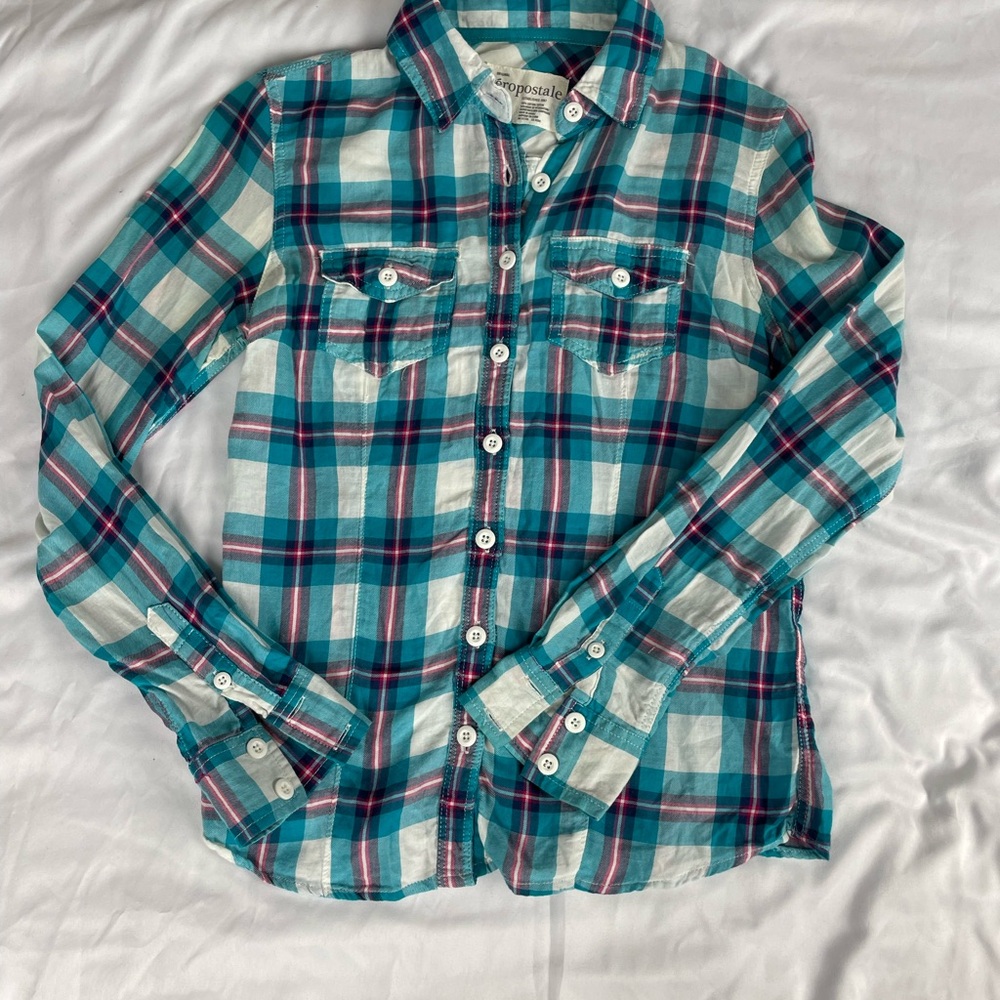 Aeropostale Teal and White Plaid Women’s M Button Down Shirt